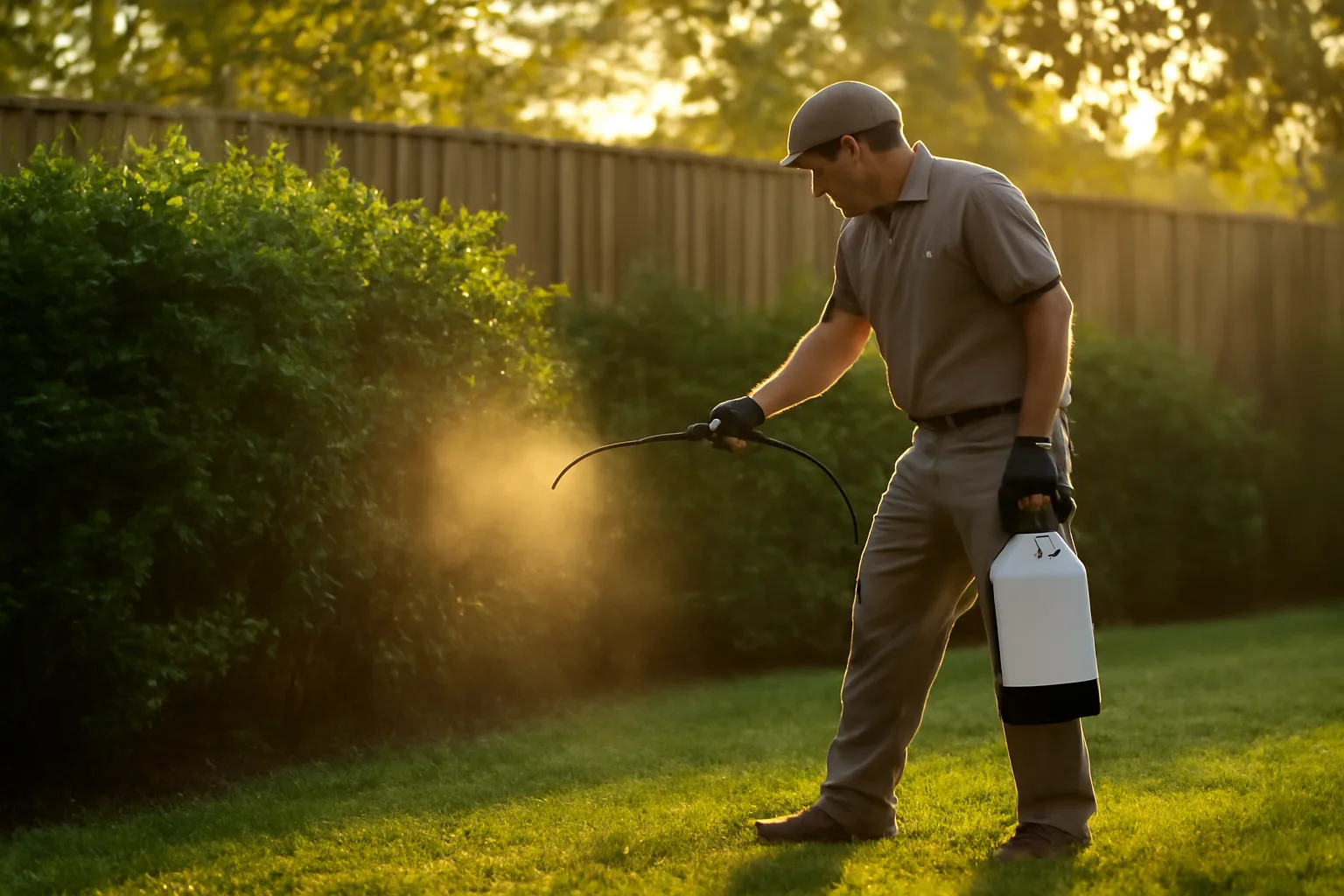 Technician applying barrier mosquito treatment to shrubs along a backyard fence line
