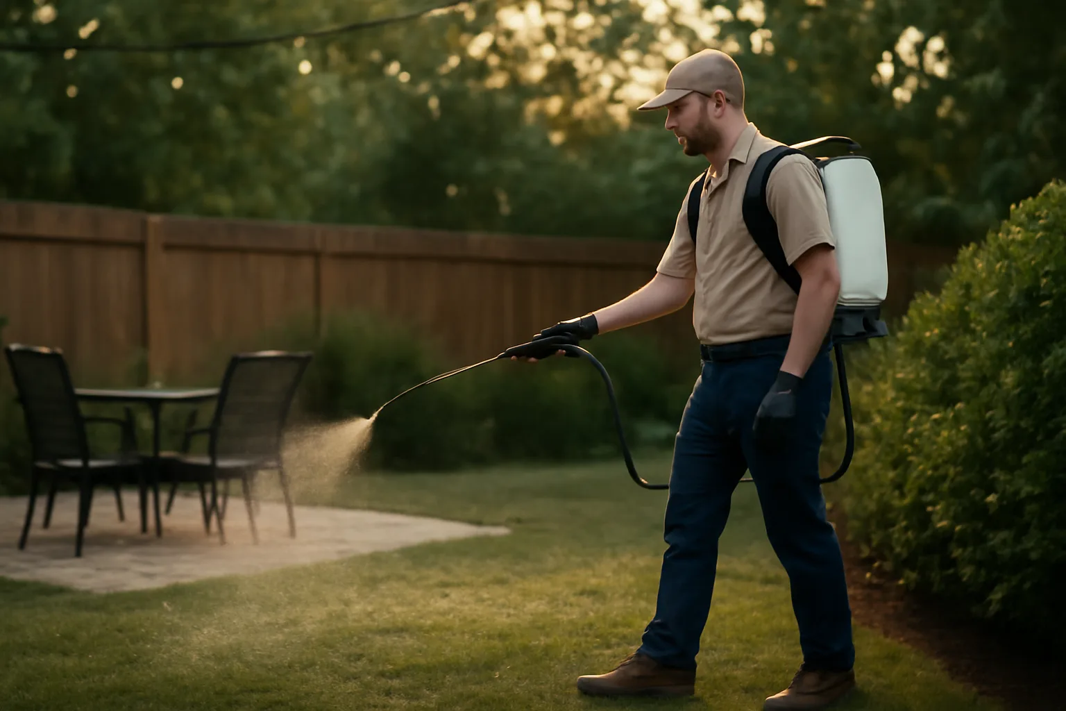 Technician applying mosquito pest control spray to backyard shrubs at dusk