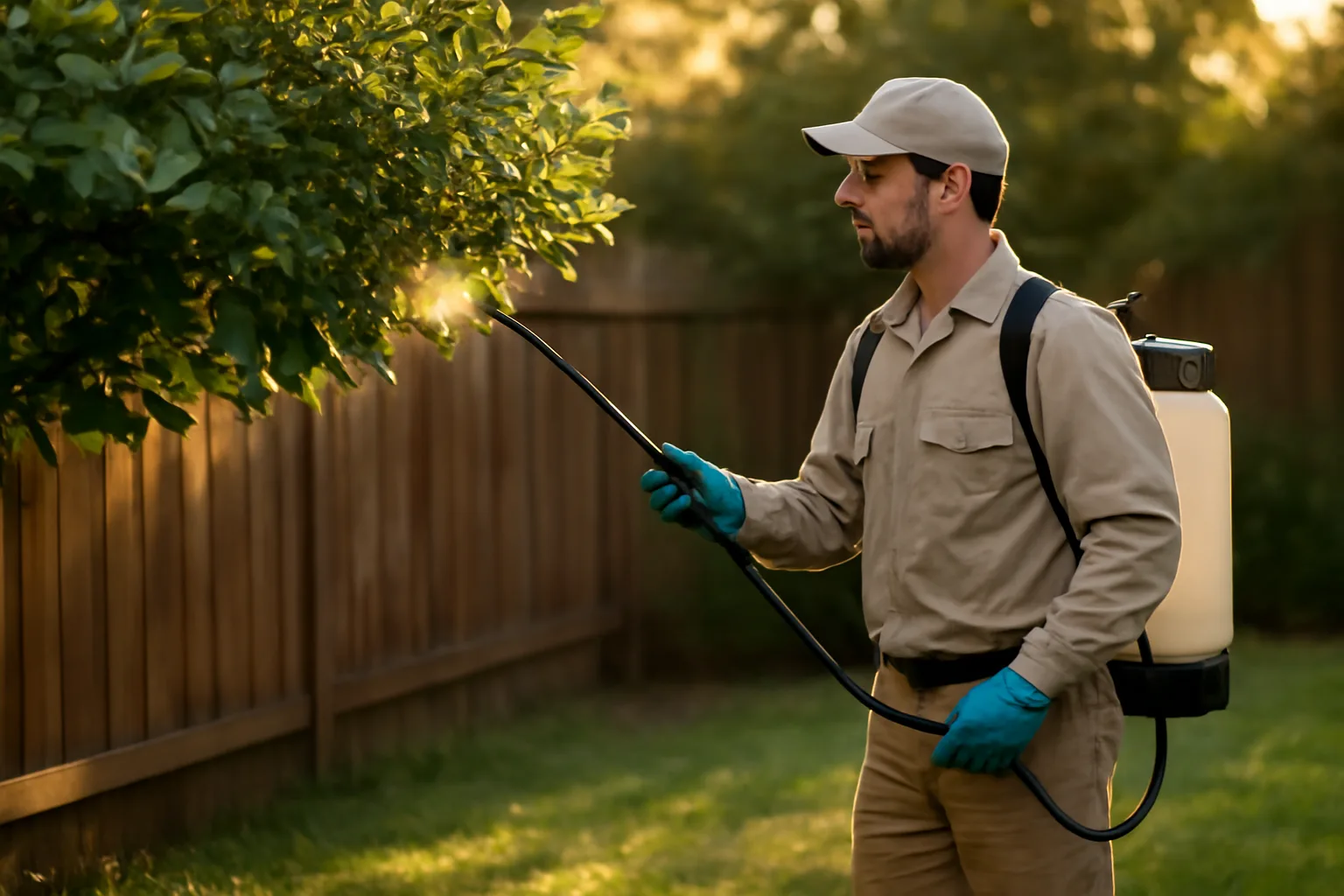 Technician applying mosquito barrier spray to shrubs along a backyard fence at dusk