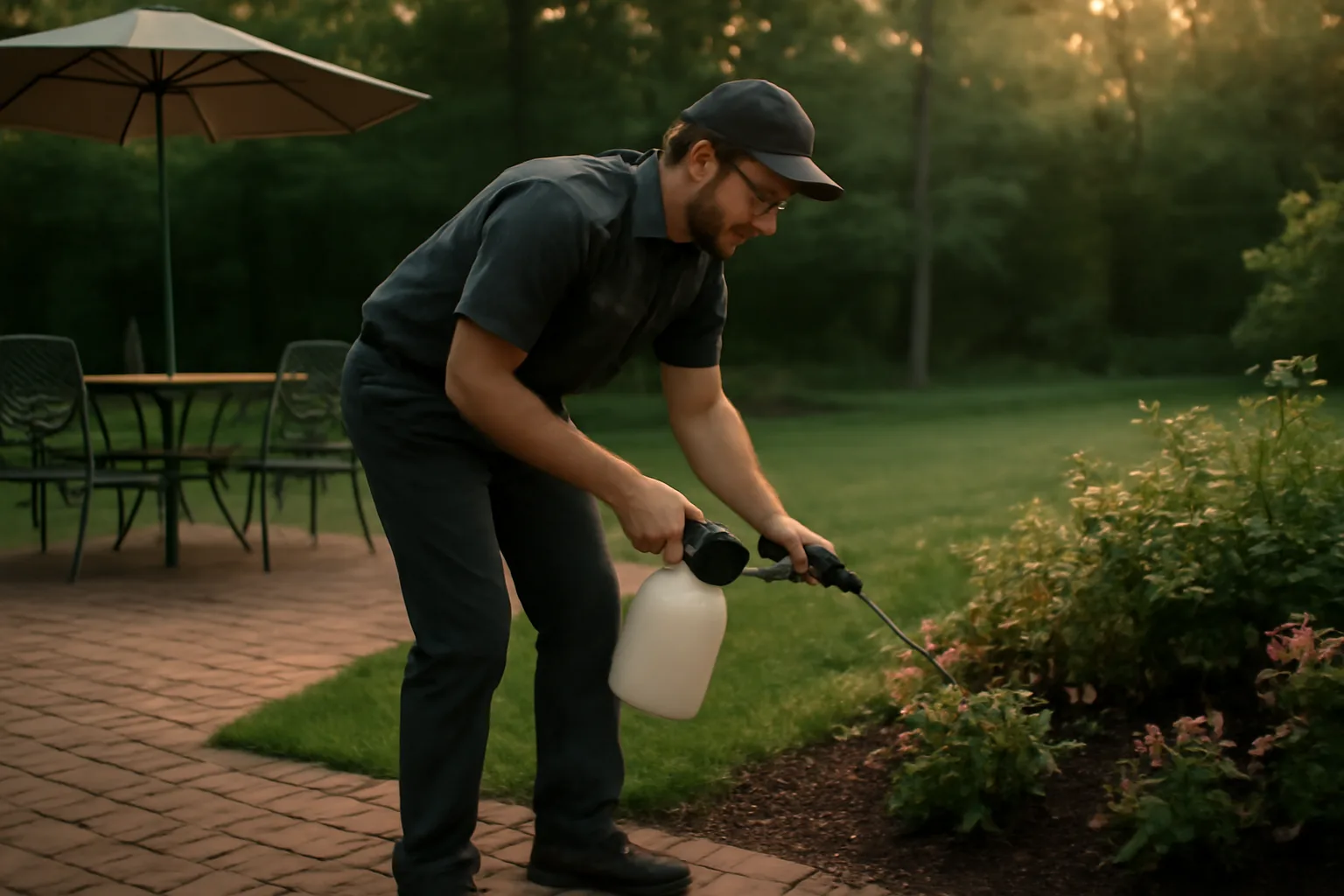 Technician checking a shaded backyard garden bed during a mosquito services yard assessment