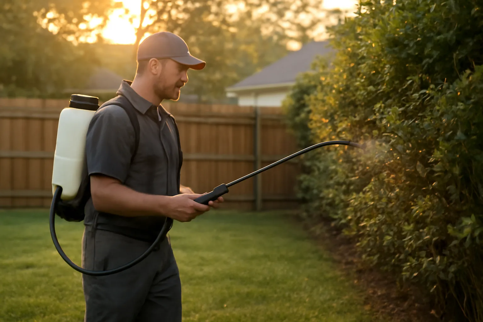 Technician spraying shaded shrubs in a backyard at dusk for mosquito control