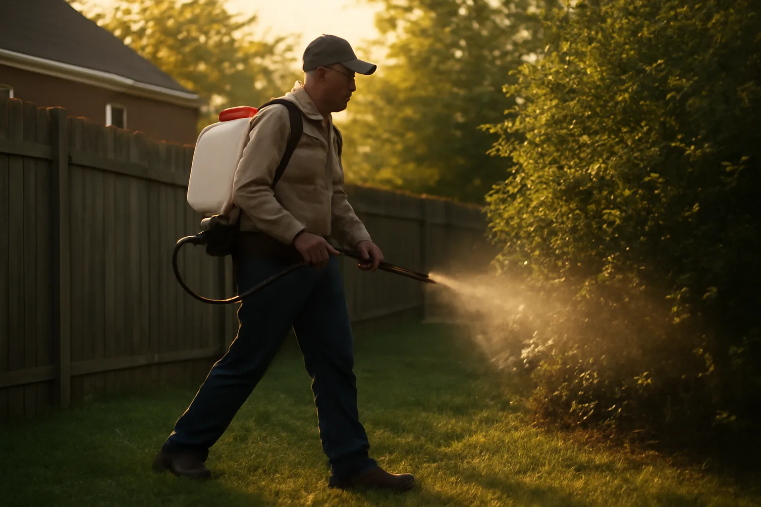 Technician applying backyard mosquito barrier spray near shrubs at dusk