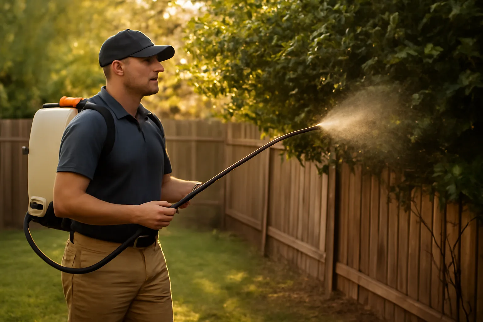 Technician applying mosquito spray to shrub foliage along a backyard fence at dusk
