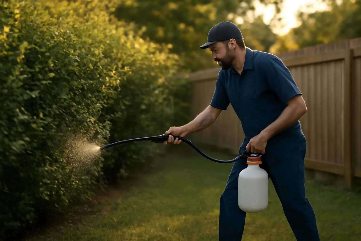 Technician applying mosquito barrier spray to shrubs along a backyard fence line at dusk