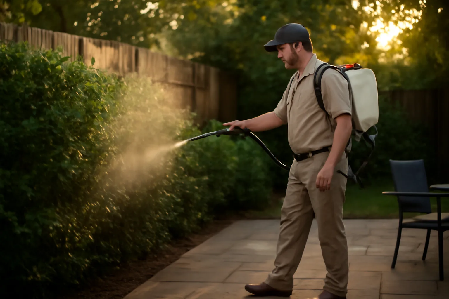 Technician performing mosquito spraying near me on backyard shrubs at dusk