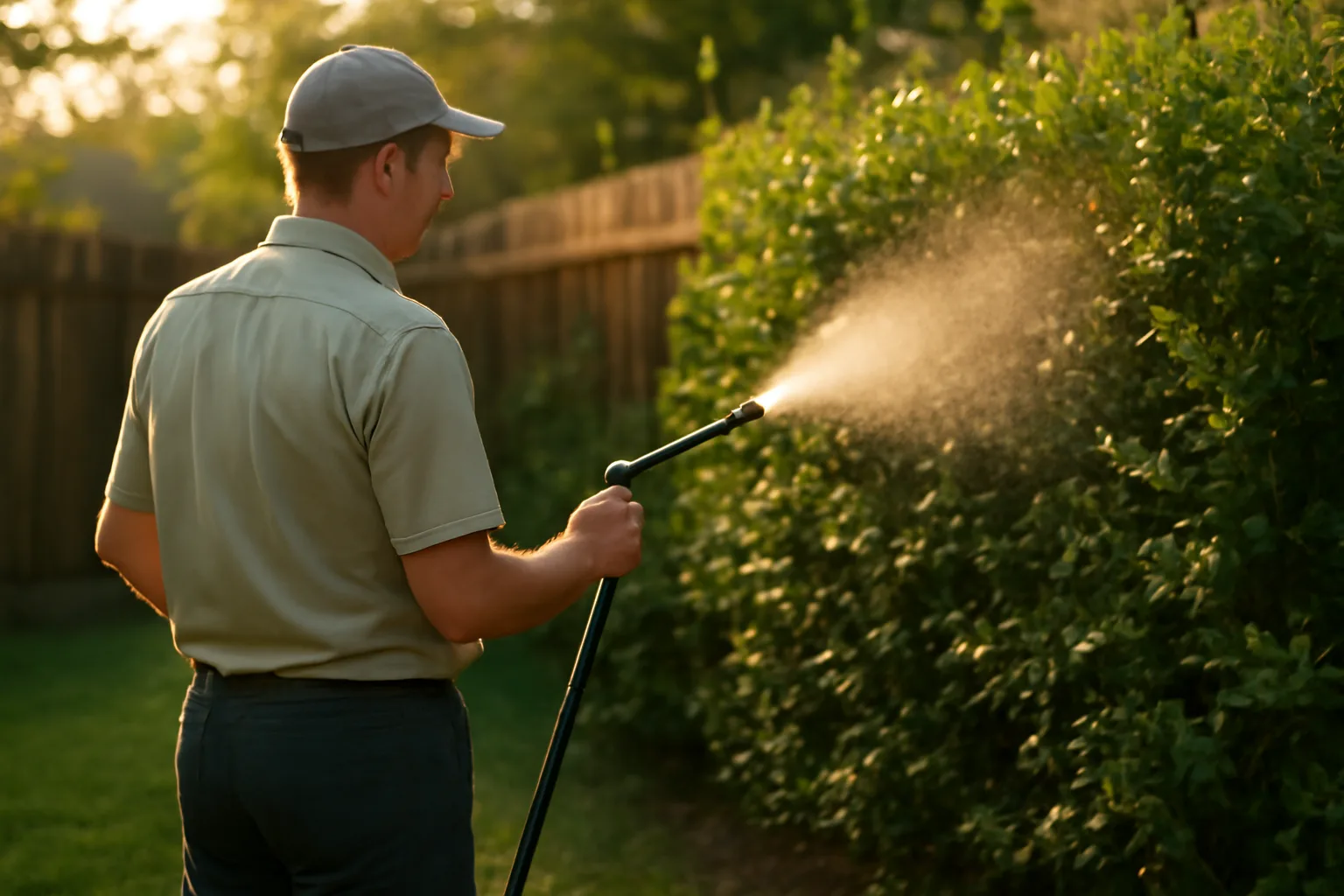 Technician applying a mosquito barrier spray to shrubs along a backyard fence line