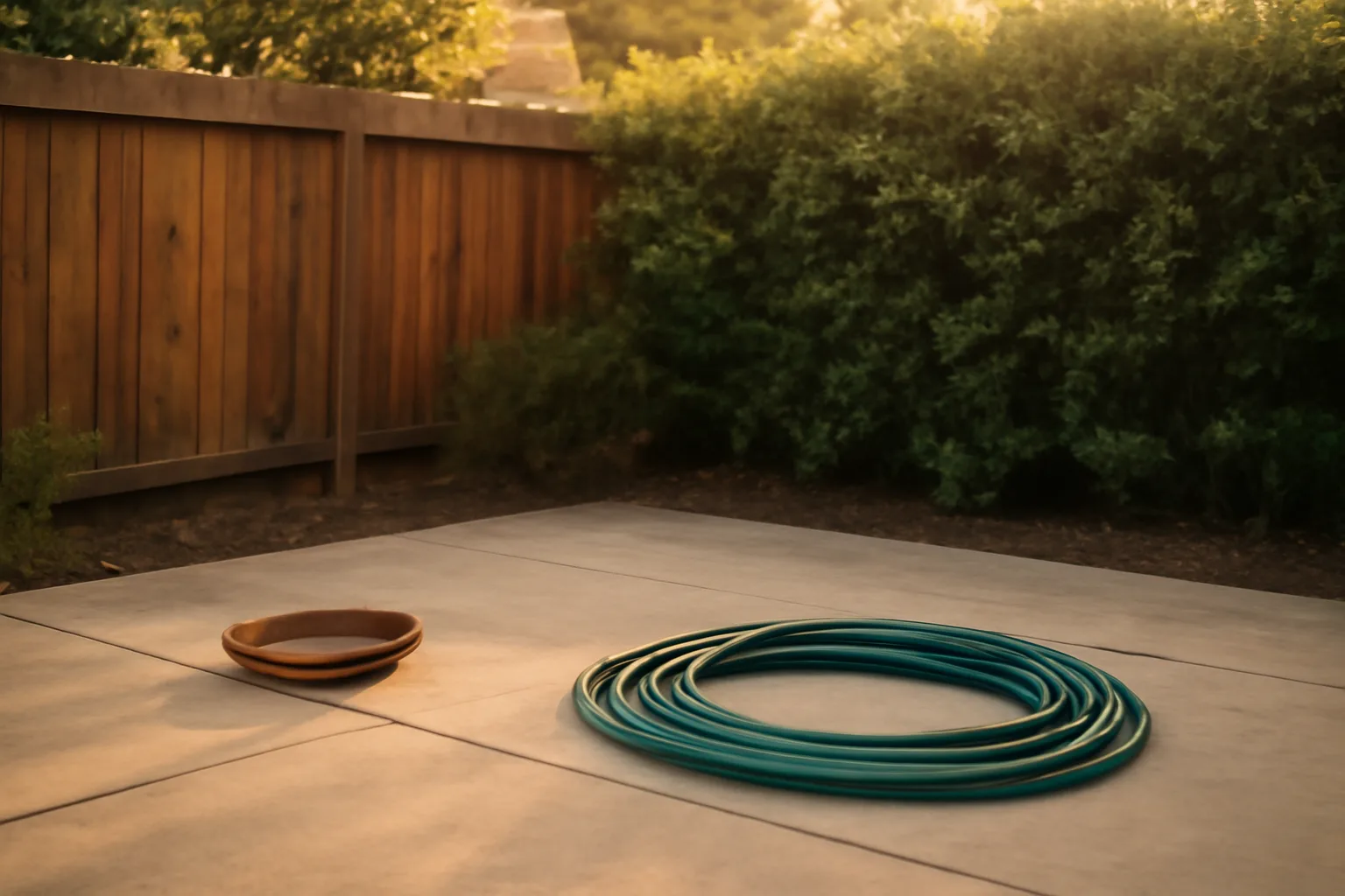 Backyard patio and shrub line at dusk during mosquito yard treatment season