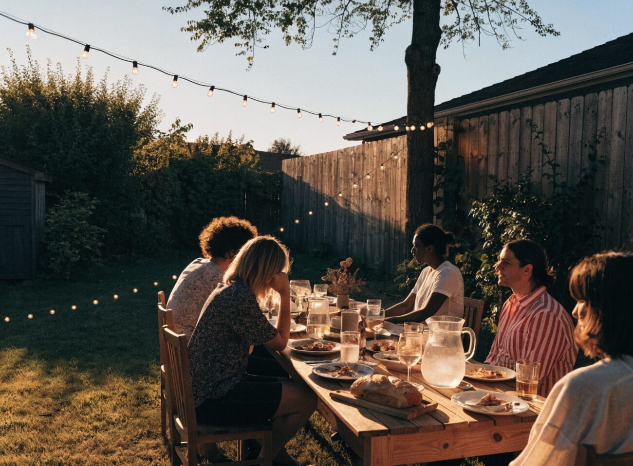 A string-lit backyard dinner table at dusk with everyone outside