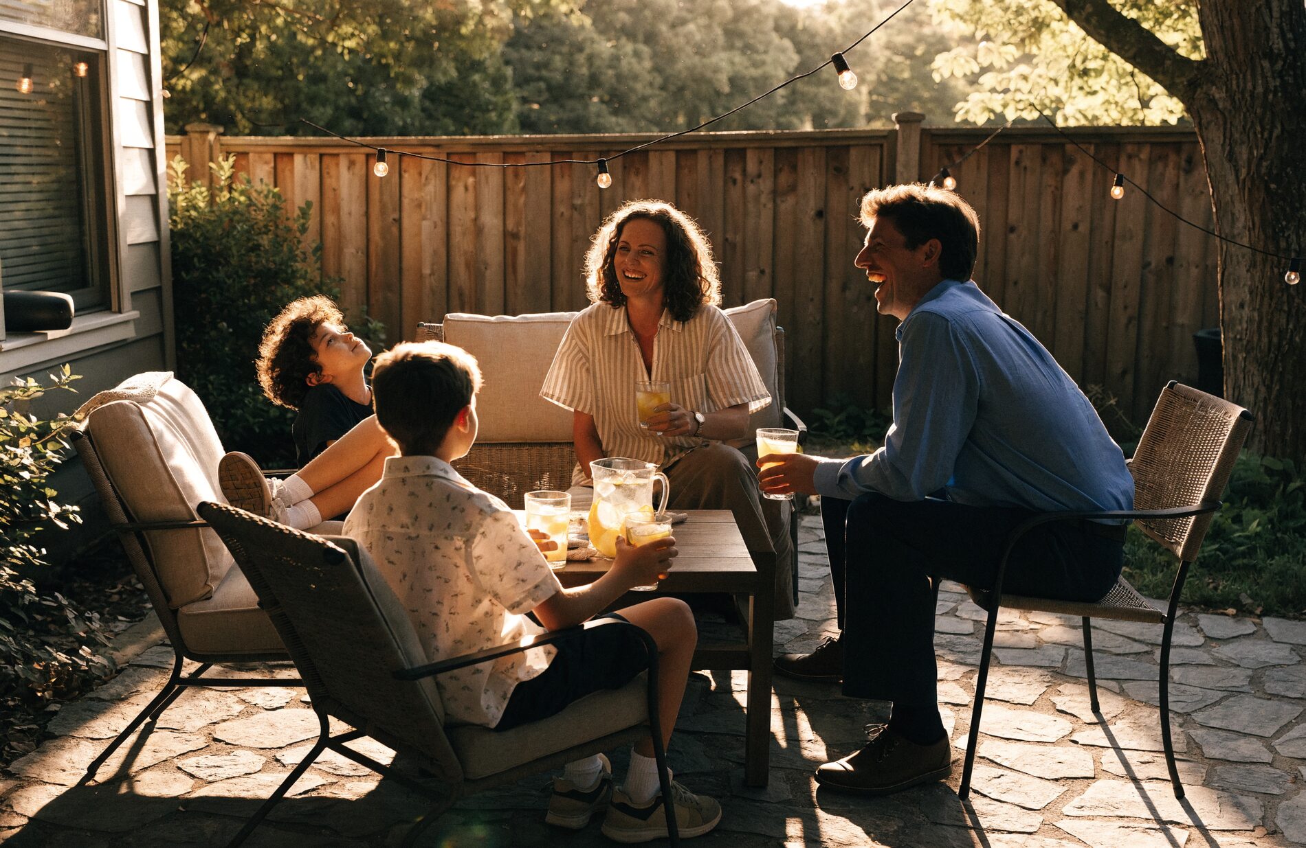A family relaxing on their back patio at golden hour under string lights, undisturbed