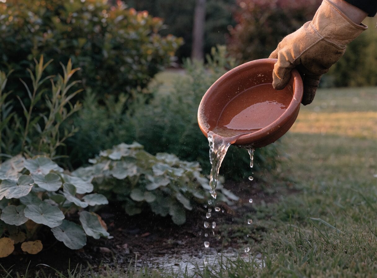 A gloved hand tipping standing water out of a terracotta plant saucer at dusk